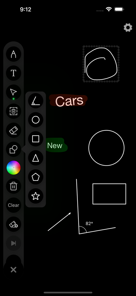 Virtual Whiteboard - Interface do aplicativo Quadro Branco Virtual mostrando várias ferramentas de desenho e formas geométricas em uma tela escura.