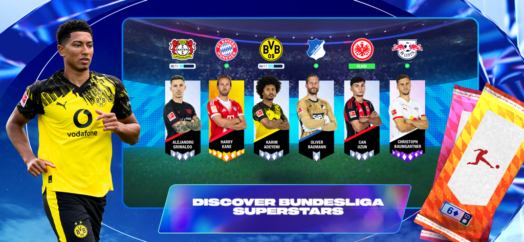 Top Eleven Be a Soccer Manager - Una pantalla de juego de Top Eleven Be a Soccer Manager con varias superestrellas de la Bundesliga y logotipos oficiales de equipos.