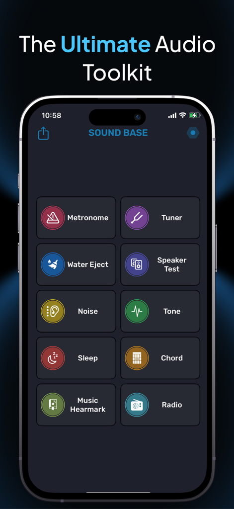 SoundBase ° Music Hearmark - Pantalla principal de la app SoundBase que muestra un kit de audio todo en uno con funciones como metrónomo y afinador