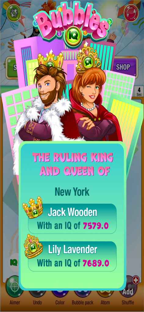Bubbles IQ - Bubbles IQ mobile game screenshot showing the ruling king and queen leaderboard for New York city