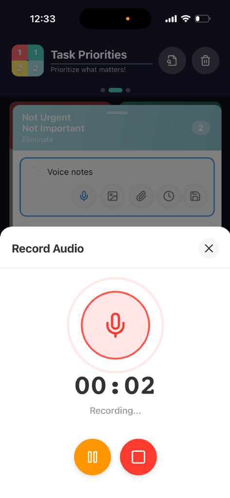 Quadrix - Quadrix app interface showing a voice note being recorded for a task