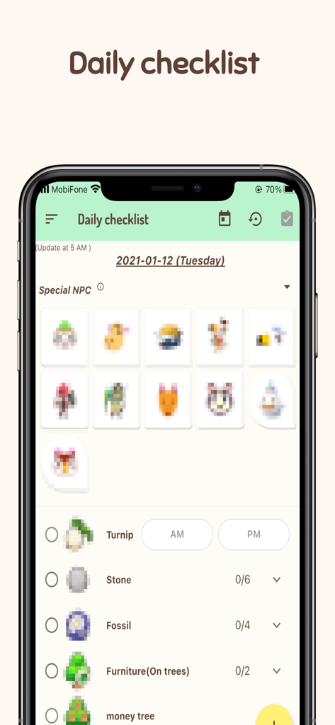 Ani Guide for Animal Crossing - Mobile app interface showing a daily checklist for Animal Crossing tasks like tracking fossils and stones