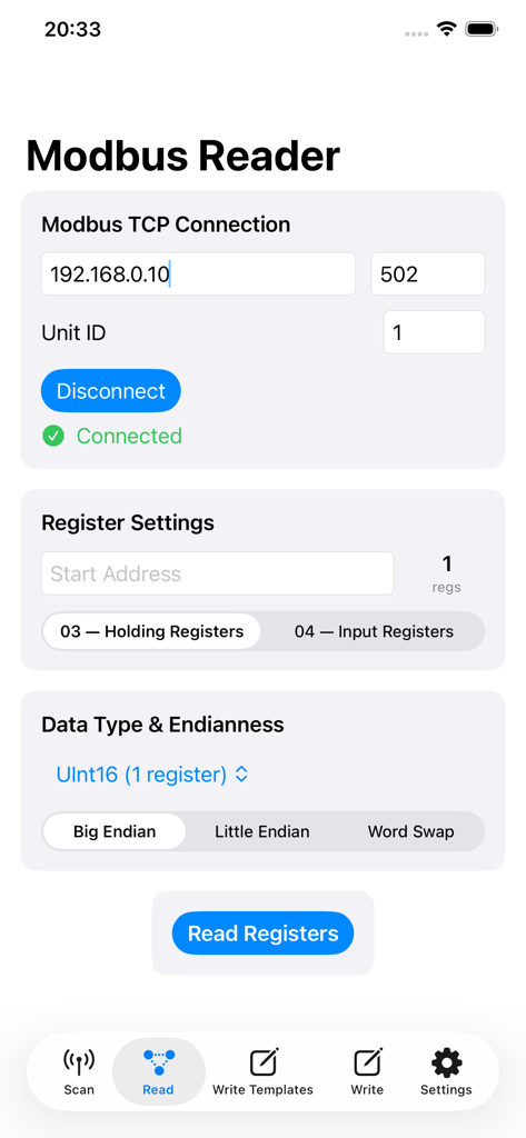 Modbus TCP Pro - Interface of Modbus TCP Pro app showing connection settings and register read options