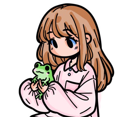 girl with long hair and a oversized shirt. and she is holding a frog