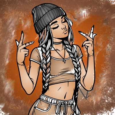 realistic teenage girl with braids and a beanie and crop top doing 🫶🏼