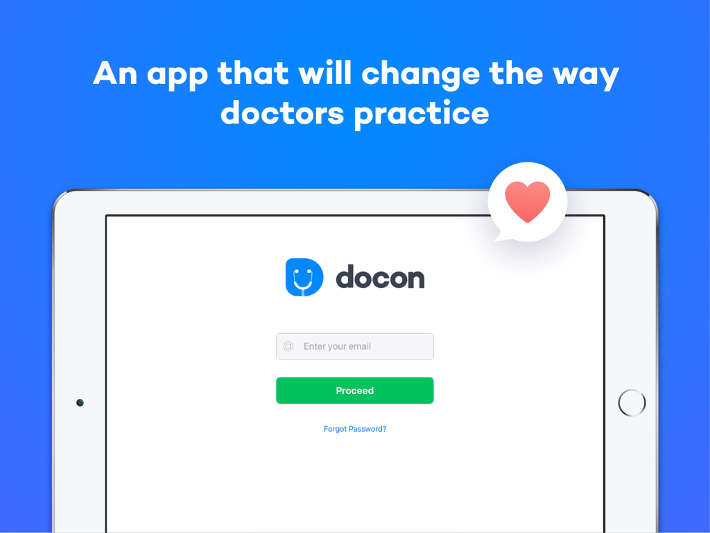 Docon EMR for Doctors app login screen on an iPad