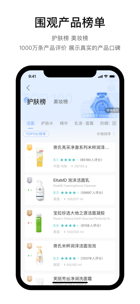 你今天真好看 - 拍照轻松测肤质 - A ranked list of top 100 skincare products including cleansers and serums with user ratings and prices.