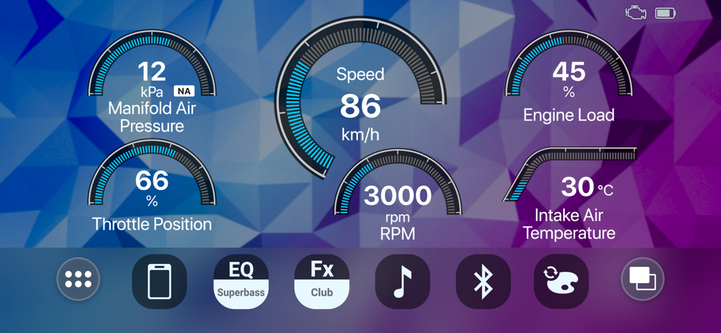 Digital dashboard interface in the Pioneer Smart Sync app displaying real-time car performance metrics like speed and engine RPM.