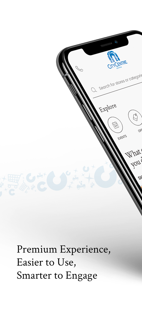 City Centres - An iPhone displaying the City Centres app interface highlighting a premium shopping experience and lifestyle features