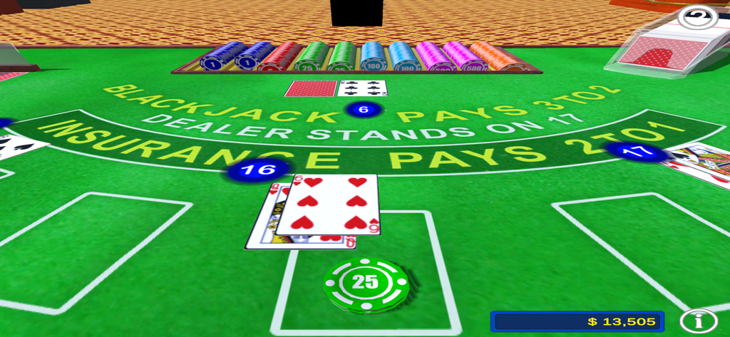 Magnin Casino Challenge - A virtual blackjack table with cards and chips in the Magnin Casino Challenge app