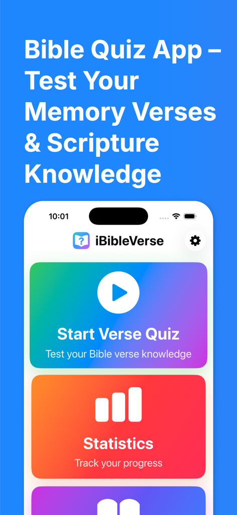 Holy Quiz & Study: iBibleVerse - Startbildschirm der iBibleVerse-App mit Optionen zum Starten eines Bibelvers-Quiz und Anzeigen von Fortschrittsstatistiken.