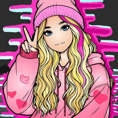 a teenage girl in a beanie, oversized sweatshirt, wavy long hair, and is showing a ✌️