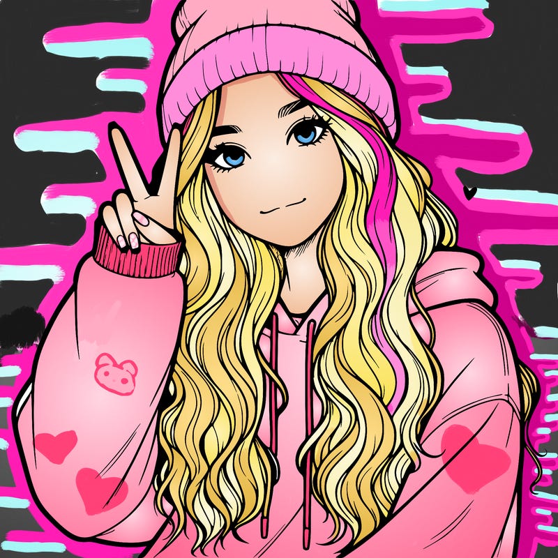 a teenage girl in a beanie, oversized sweatshirt, wavy long hair, and is showing a ✌️