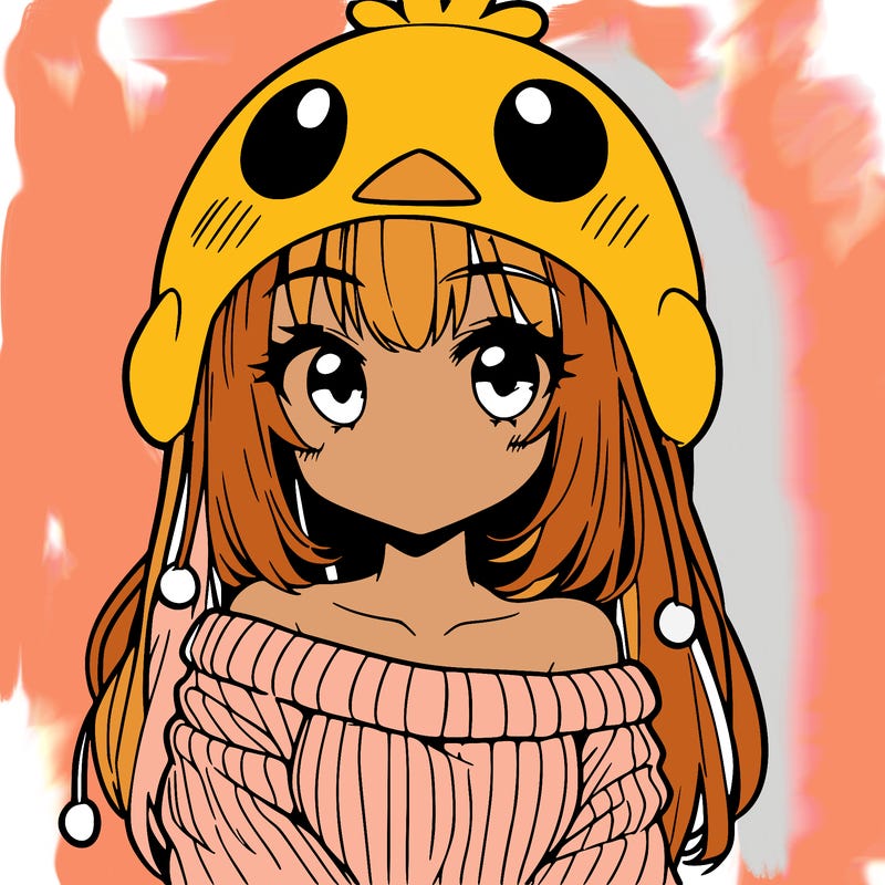anime girl with chick shaped hat with sweater with bare shoulders with bangs covering them one eye with low tail