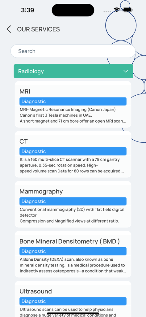 A list of radiology diagnostic services including MRI CT and Mammography in the Doctors Center Polyclinic app