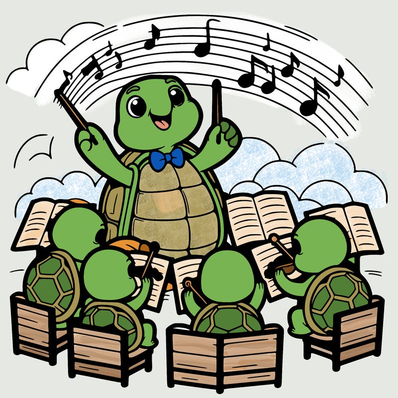 a tortoise conducting an orchestra