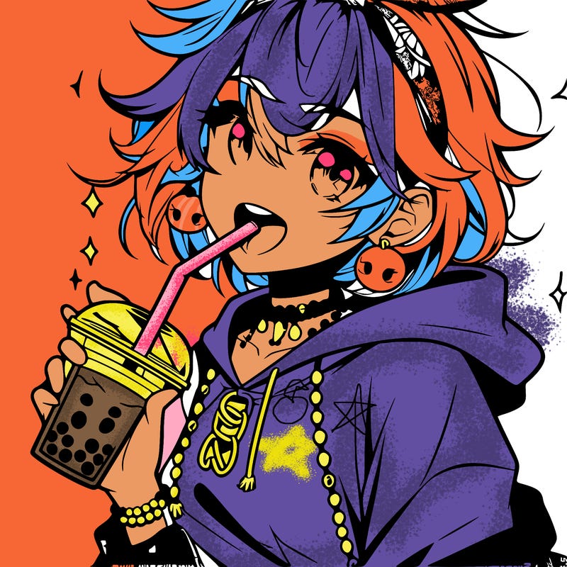 hot baddie anime girl drinking boba and biting the straw