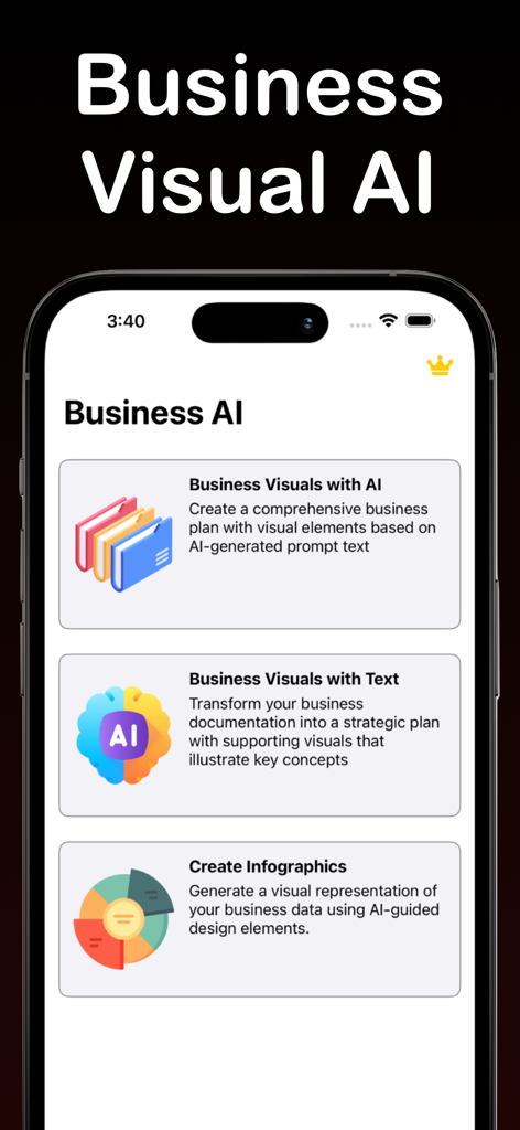 Presentation Maker - PresentAI - AI를 사용하여 비즈니스 시각 자료 및 인포그래픽을 생성하는 옵션을 보여주는 PresentAI 앱 인터페이스