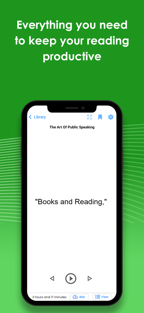 Spreeder - Speed Reading - Spreeder app interface showing a speed reading session of The Art of Public Speaking with productivity metrics.