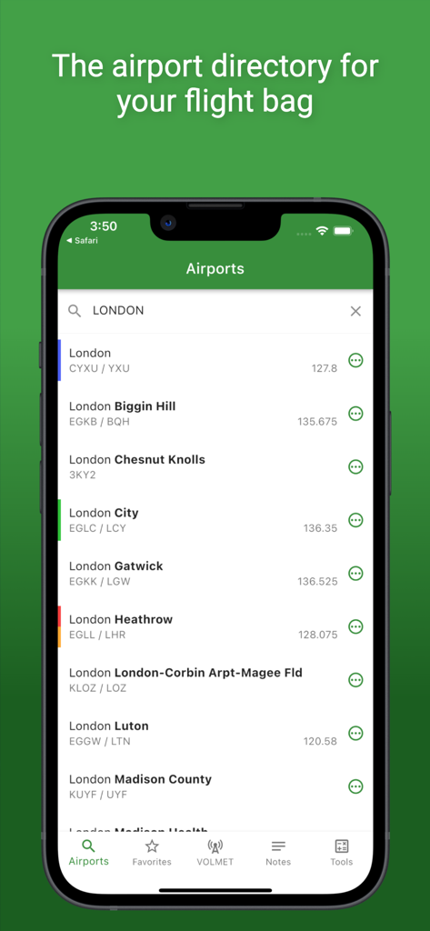 Airports app displaying a list of London airports with technical codes and frequencies
