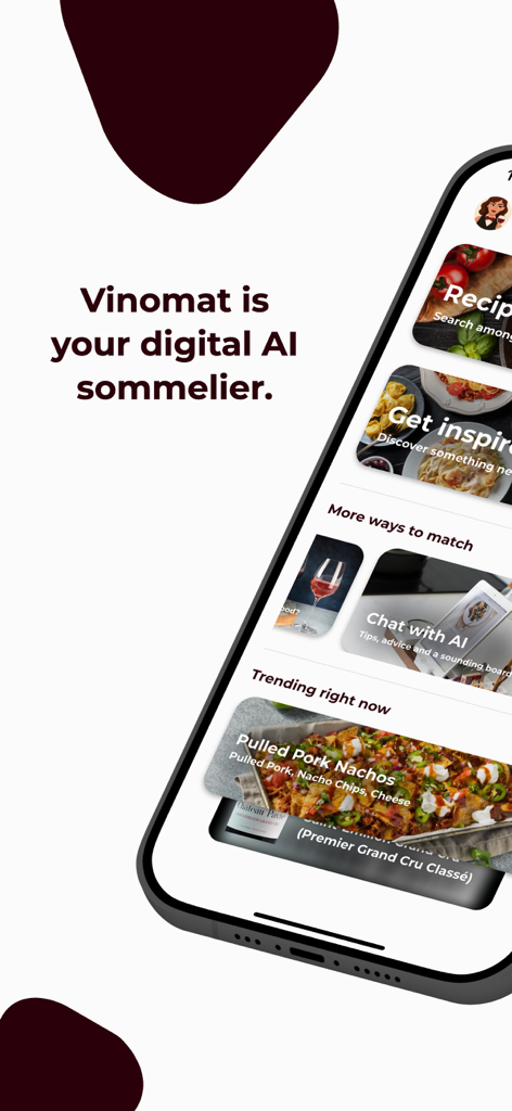 A smartphone showing the Vinomat app interface with the slogan Vinomat is your digital AI sommelier