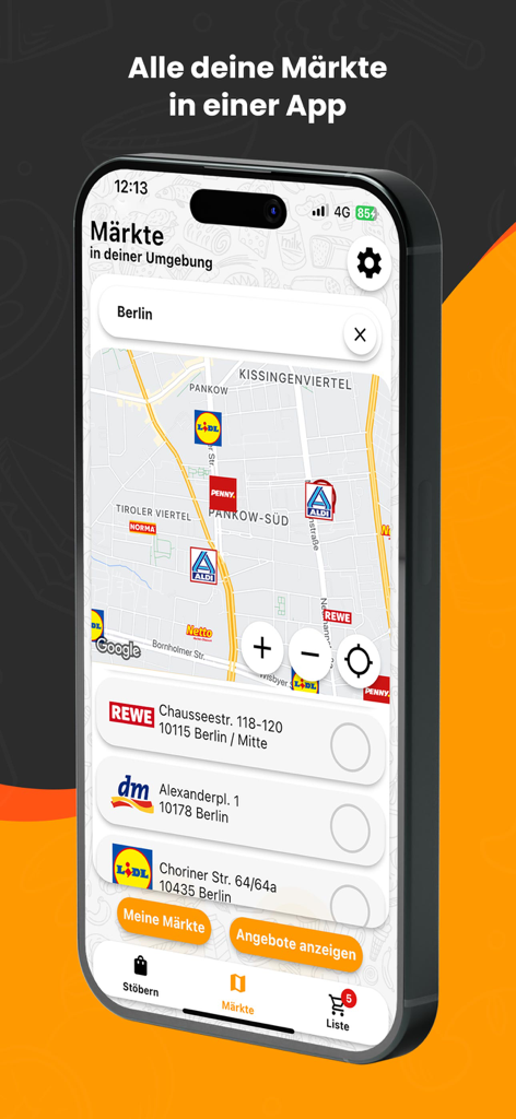 SparFuxアプリのインターフェース。ベルリンの地図にLidl、Aldi、Penny、Reweの店舗のアイコンが表示されている。