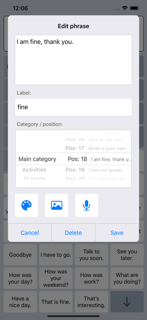 Interface para editar e personalizar frases no aplicativo Speech Assist Switch