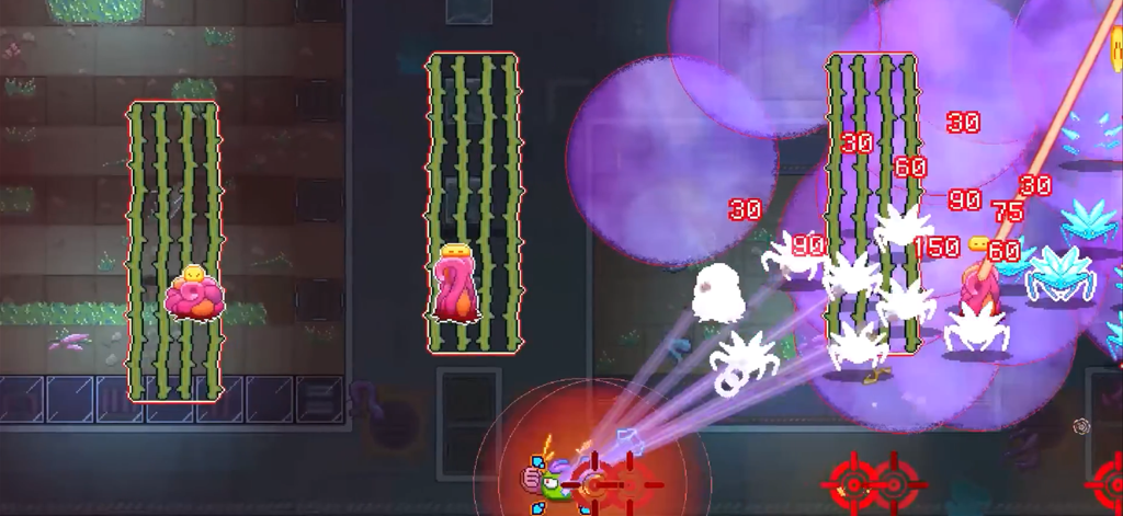 Bioweaver - Top down pixel art combat in Bioweaver showing a character firing energy beams at mutated enemies with floating damage numbers.