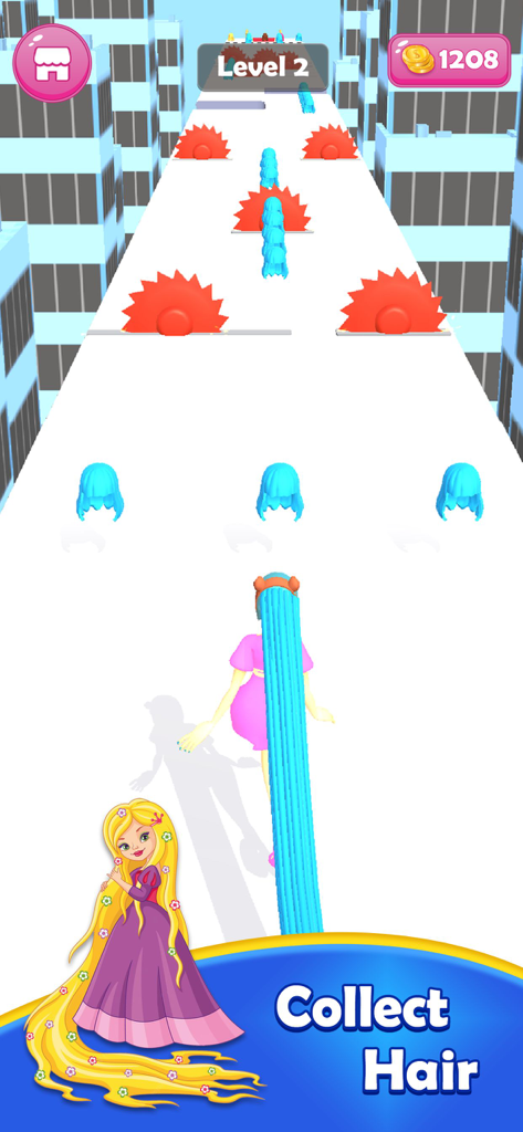 Hair Challenge - Hair Cut Run - Gameplay of Hair Challenge showing a character with long blue hair running on a track and avoiding obstacles to collect more hair.