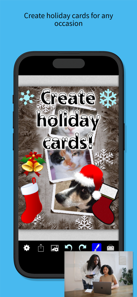 You Doodle - draw on photos - Interfaz de la aplicación You Doodle que muestra una tarjeta navideña personalizada con fotos de mascotas y stickers de Navidad.