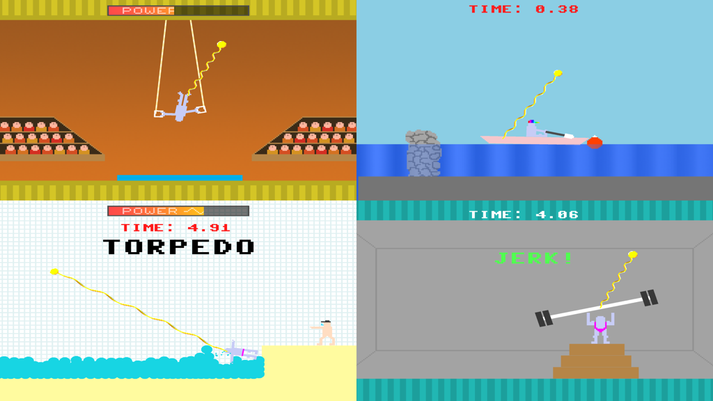 Realistic Summer Sports - Four screenshots showing pixelated summer sports events including gymnastics rowing swimming and weightlifting