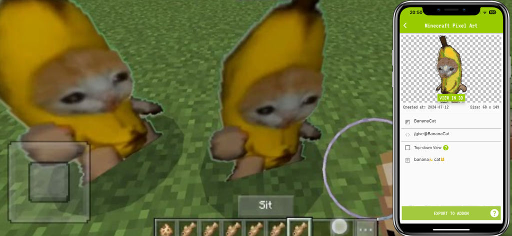 App PixelArt Builder che crea uno sprite meme del gatto banana per Minecraft