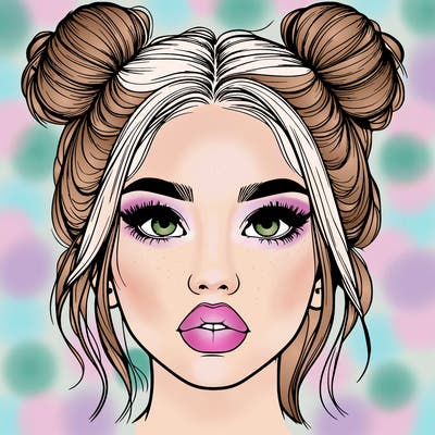 realistic girl with two buns on her hair and lips