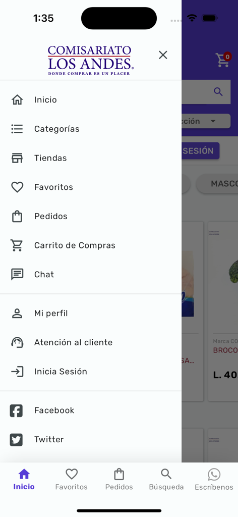 Comisariato Los Andes - Menú de navegación lateral de la aplicación Comisariato Los Andes mostrando opciones de categorías, tiendas, carrito de compras y perfil de cliente.