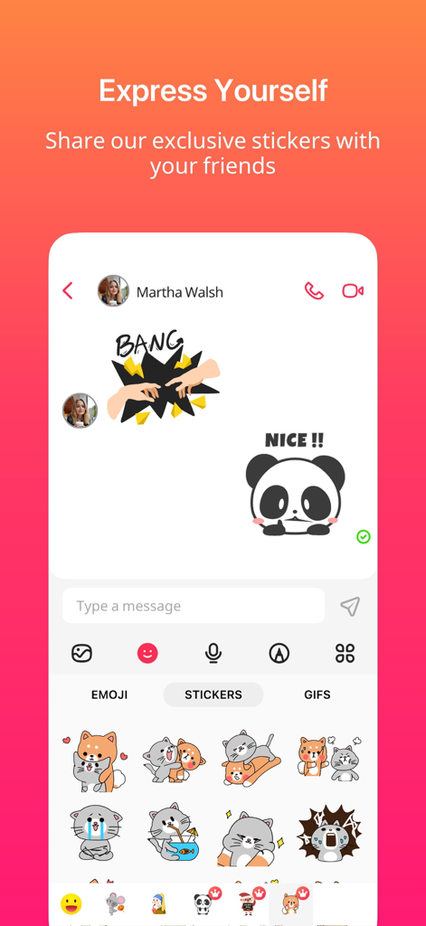 JusTalk - Video Chat & Calls - Interfaz de chat de JusTalk que muestra varias pegatinas y emojis expresivos utilizados en una conversación de mensajes.