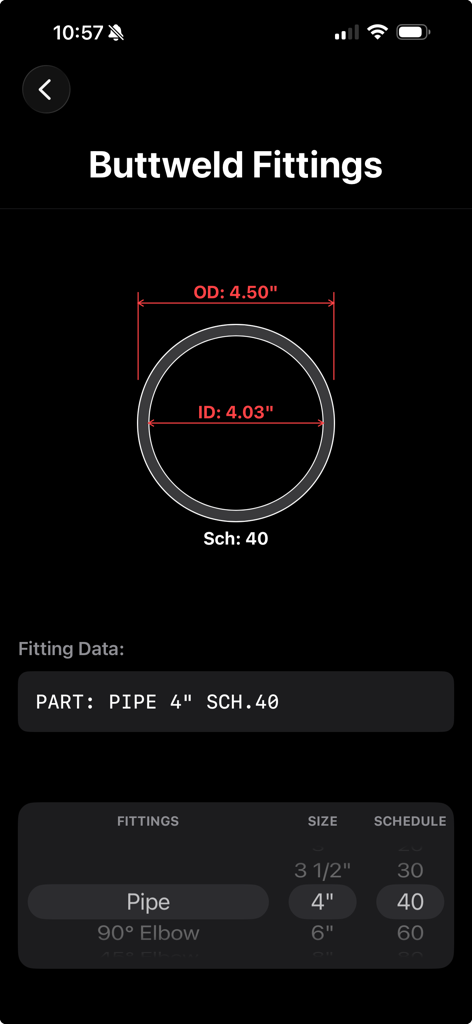 4インチパイプのバットウェルド寸法を示す配管継手選定アプリのインターフェース