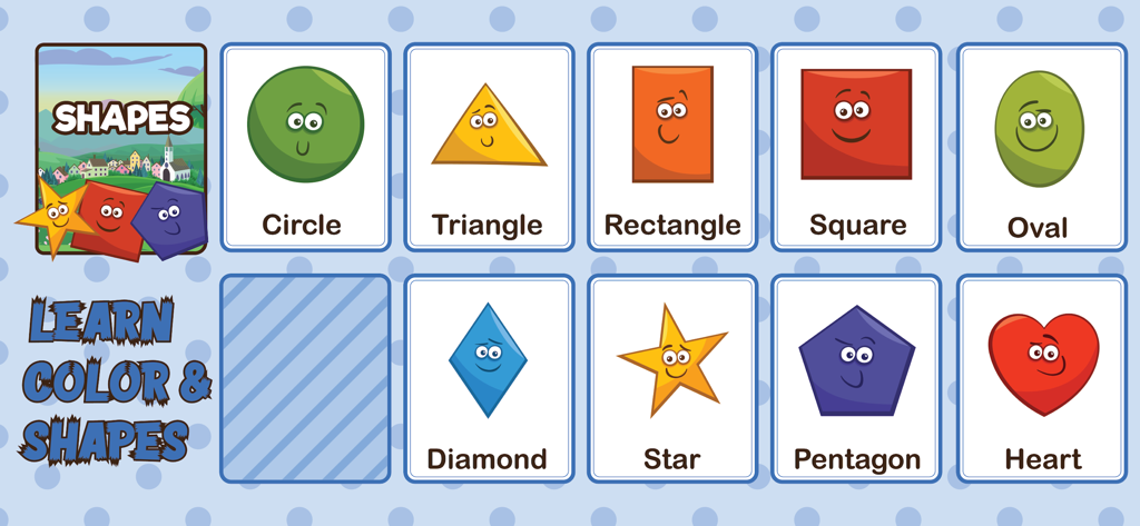 Baby Flash Cards for Toddlers - A collection of colorful shape flashcards for toddlers including circle triangle and square with friendly faces.