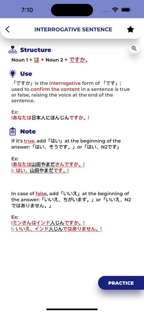 PORO - Japanese Grammar - Lección detallada de gramática japonesa que explica la estructura y el uso de oraciones interrogativas con ejemplos en la aplicación PORO.