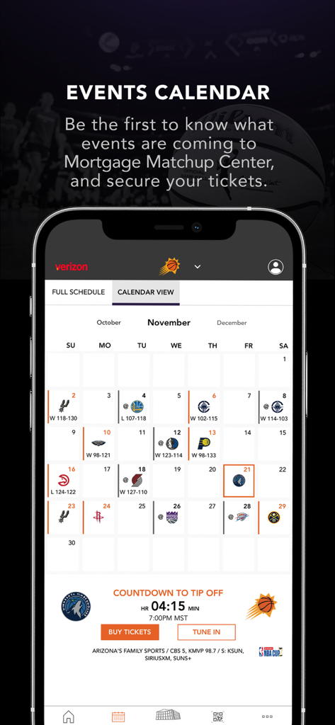 Suns-Merc-Mortgage Matchup Ctr - Events calendar view in the Suns Mercury app showing monthly game schedules and a countdown to tip off.
