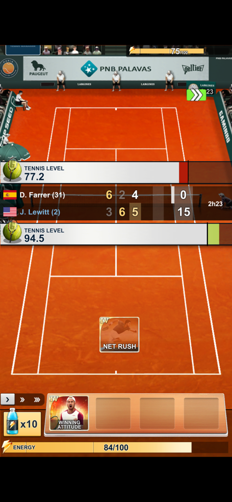 Tennis Manager 2025 - TOP SEED - Strategic tennis match gameplay in Top Seed showing player stats and tactical cards