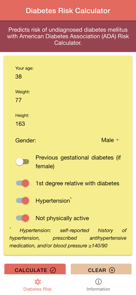 Diabetes Risk Score Calculator - Diabetes risk calculator app interface showing fields for health data entry and screening