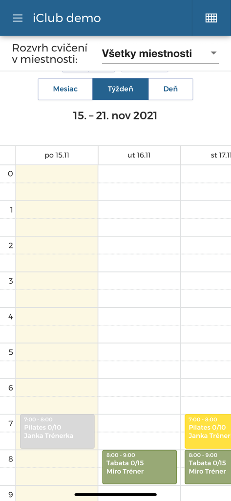 Weekly calendar view of the iClub app showing scheduled classes for Pilates and Tabata