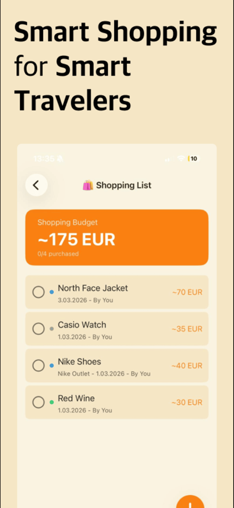 여행 플래너 모바일 앱 내의 쇼핑 목록 및 예산 추적기 인터페이스