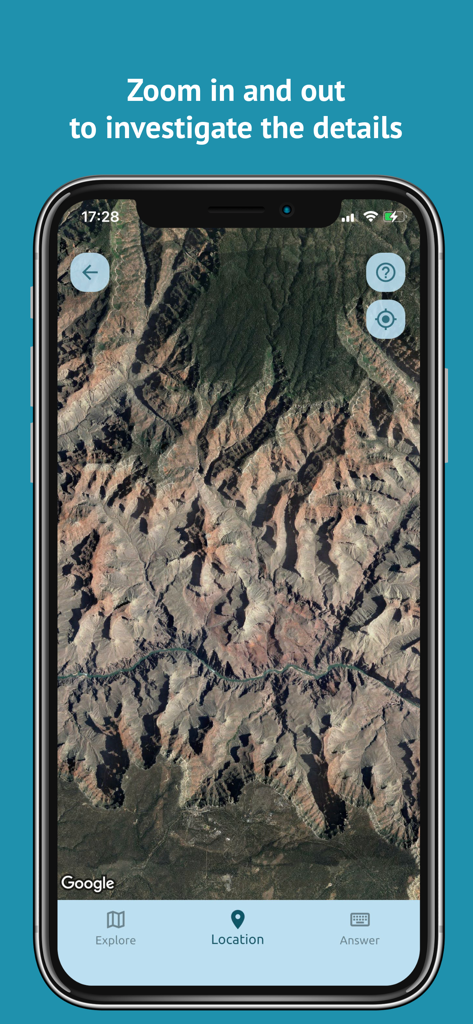 Geo Mania: Guess the Location - Satellite imagery of a canyon in the Geo Mania geography trivia app with zoom instructions.
