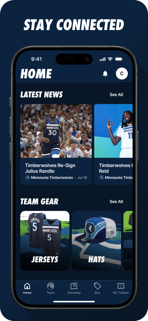 Minnesota Timberwolves - ミネソタ・ティンバーウルブズアプリのホーム画面。最新ニュースとチームグッズを表示します。