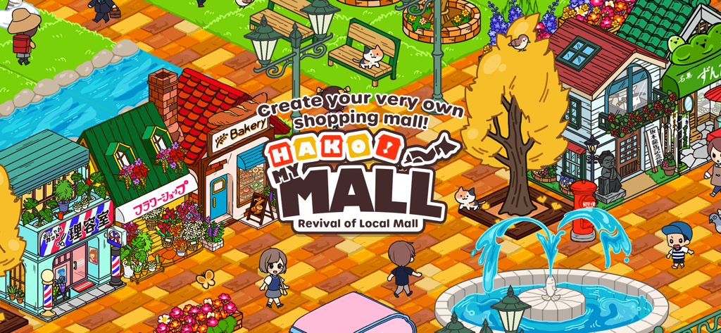 Isometric view of a colorful Japanese shopping mall with shops and characters in Hako! My Mall
