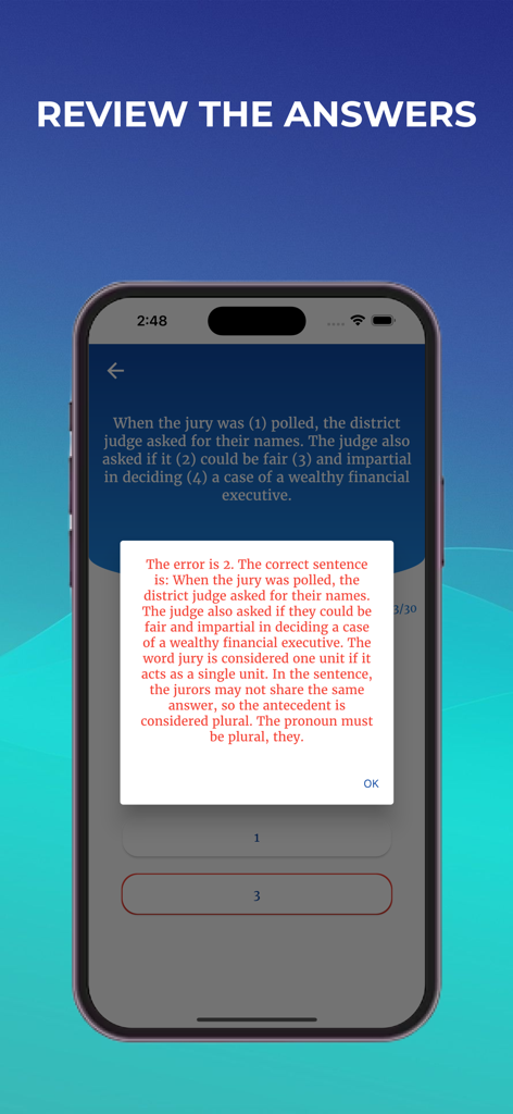 TOEFL Practice 2024 - A mobile screen from the TOEFL Practice 2024 app displaying a grammar correction and explanation during an answer review.