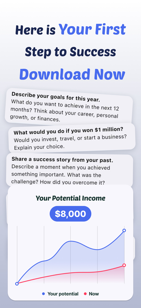 English Level Test - A screen from the English Level Test app showing writing prompts and a graph comparing current and potential income
