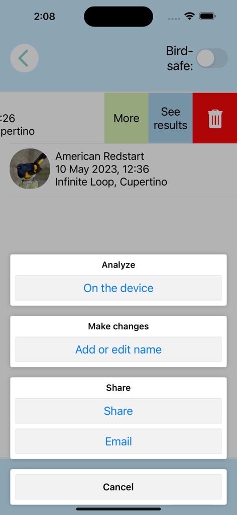 ChirpOMatic - BirdSong USA - ChirpOMatic app menu showing options to analyze, edit, and share an identified bird recording.