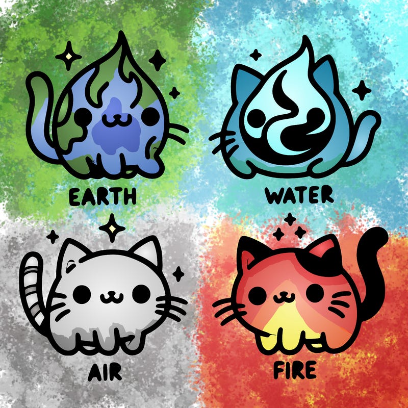 4 cats that represent the different elements, earth, water, air, and fire